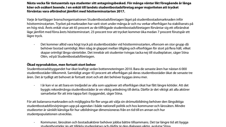 ​Fortsatt högt tryck på studentbostäder inför höstterminsstarten