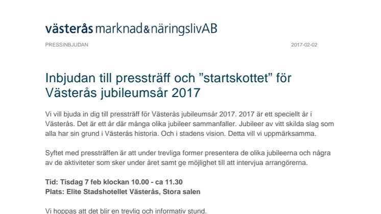 Inbjudan till pressträff och ”startskottet” för  Västerås jubileumsår 2017