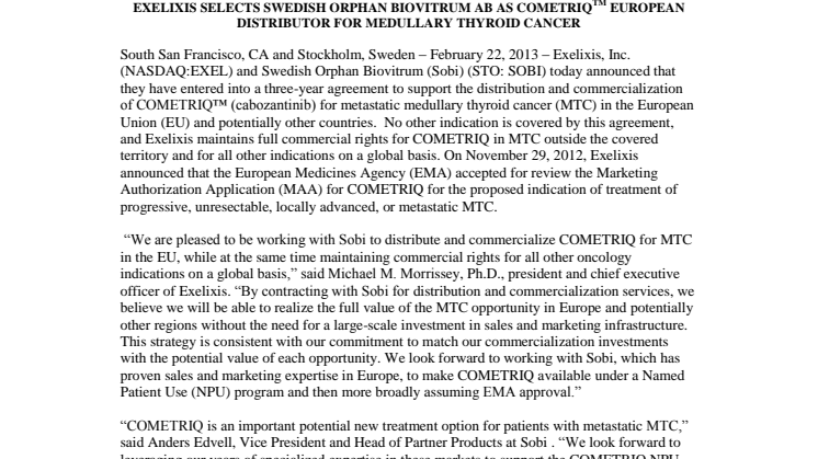 Exelixis selects Sobi as COMETRIQ european distributor for medullary thyroid cancer