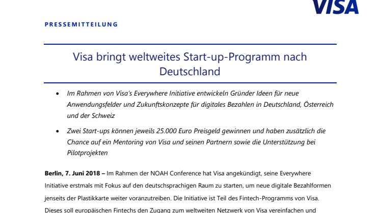 Visa bringt weltweites Start-up-Programm nach Deutschland