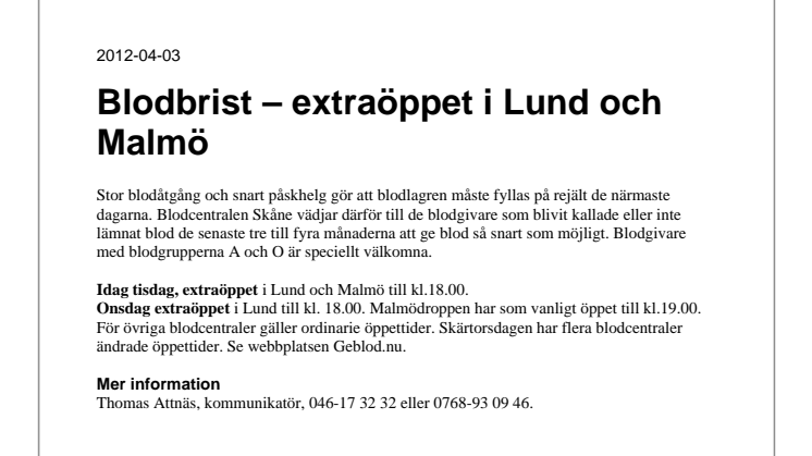 Blodbrist – extraöppet i Lund och Malmö
