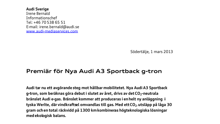 Premiär för Audi A3 Sportback g-tron i Geneve
