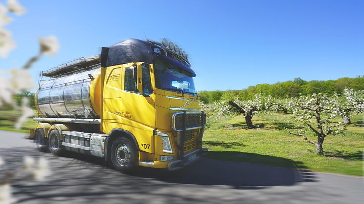 FoodTankers tankbil, körd på HVO, vid de blommande äppelträden på Kiviks Musteri.