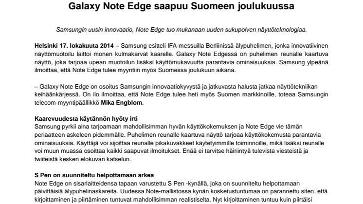 Galaxy Note Edge saapuu Suomeen joulukuussa