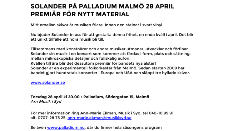 Solander på Palladium Malmö 28 april  – premiär för nytt material!