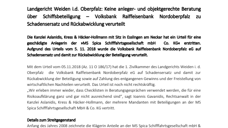 Landgericht Weiden i.d. Oberpfalz: Keine anleger- und objektgerechte Beratung über Schiffsbeteiligung – Volksbank Raiffeisenbank Nordoberpfalz zu Schadensersatz und Rückabwicklung verurteilt 