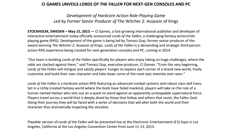 CI GAMES UNVEILS LORDS OF THE FALLEN FOR NEXT-GEN CONSOLES AND PC