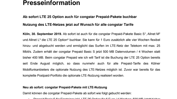Ab sofort LTE 25 Option auch für congstar Prepaid-Pakete buchbar 