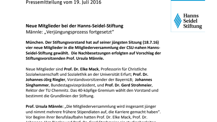 Pressemitteilung vom 19. Juli 2016: Neue Mitglieder bei der Hanns-Seidel-Stiftung - Männle: „Verjüngungsprozess fortgesetzt“
