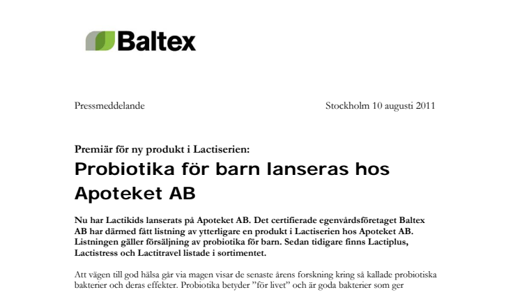 Premiär för ny produkt i Lactiserien: Probiotika för barn lanseras hos Apoteket AB