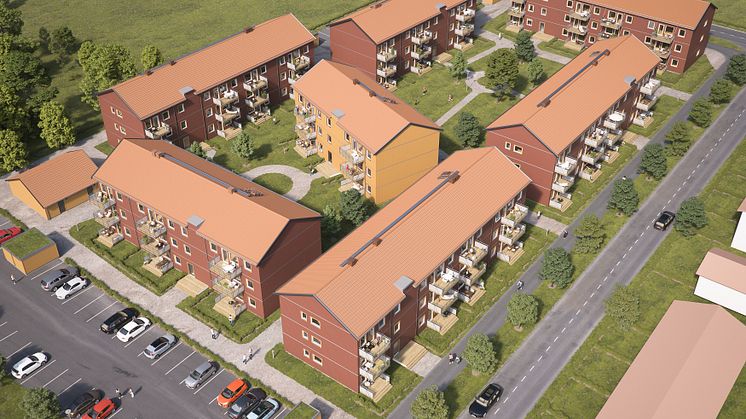 Översiktsillustration av det nya området med lägenheter, BoKlok Svärdet i Hemlingby. 