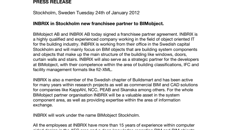 INBRIX in Stockholm new franchisee partner to BIMobject.