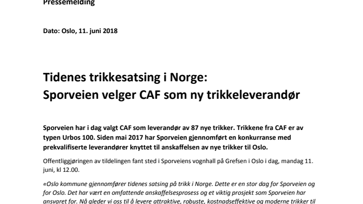 Tidenes trikkesatsing i Norge: Sporveien velger CAF som ny trikkeleverandør