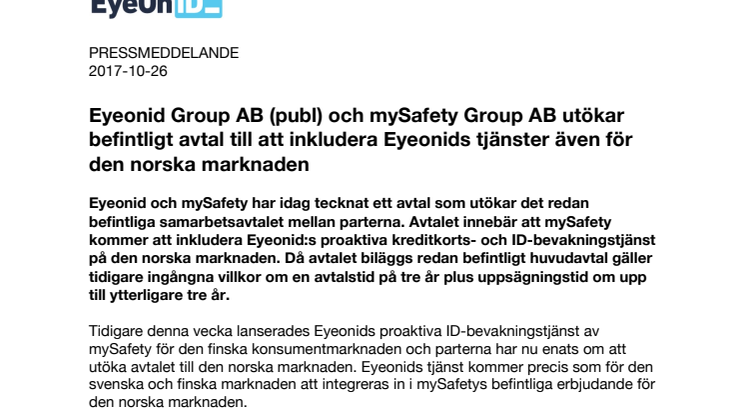 Eyeonid Group AB (publ) och mySafety Group AB utökar befintligt avtal till att inkludera Eyeonids tjänster även för den norska marknaden