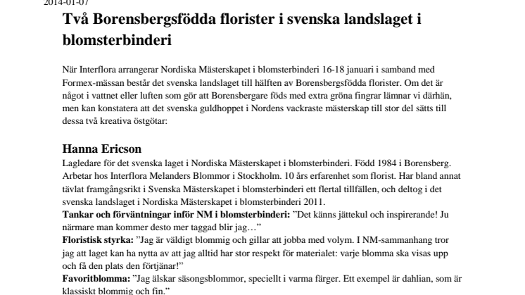 Två Borensbergsfödda florister i svenska landslaget i blomsterbinderi
