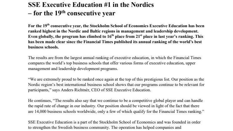 SSE Executive Education #1 in the Nordics – for the 19th consecutive year