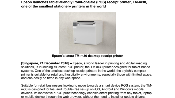 Epson launches tablet-friendly Point-of-Sale (POS) receipt printer, TM-m30, one of the smallest stationery printers in the world