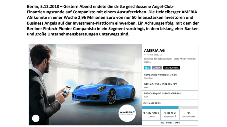 ​Neuer Companisto Angel Club mit Rekordrunde: AMERIA AG wirbt knapp 3 Millionen Euro in nur einer Woche ein
