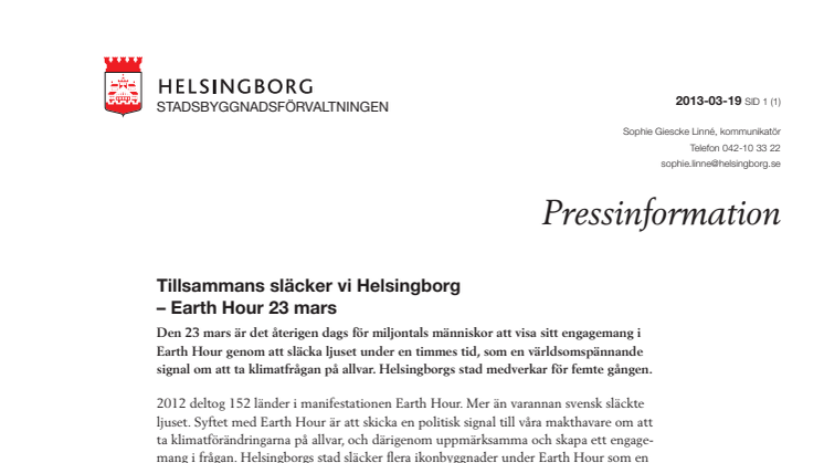 Earth Hour - Tillsammans släcker vi Helsingborg