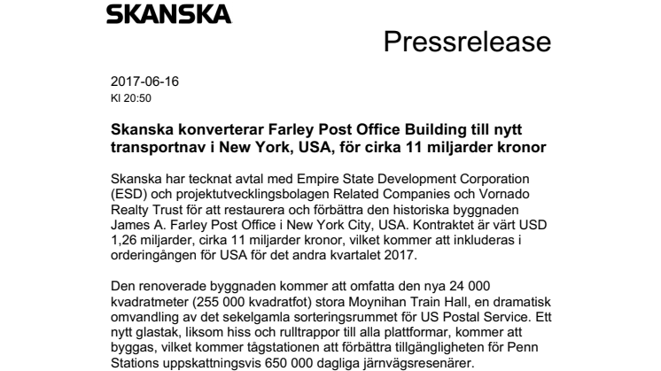 Skanska konverterar Farley Post Office Building till nytt transportnav i New York, USA, för cirka 11 miljarder kronor