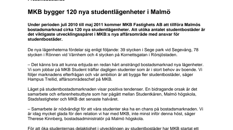 MKB bygger 120 nya studentlägenheter i Malmö