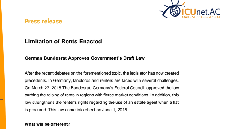 Limitation of Rents Enacted: German Bundesrat Approves Government’s Draft Law