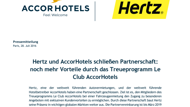 Hertz und AccorHotels schließen Partnerschaft: Noch mehr Vorteile durch das Treueprogramm Le Club AccorHotels