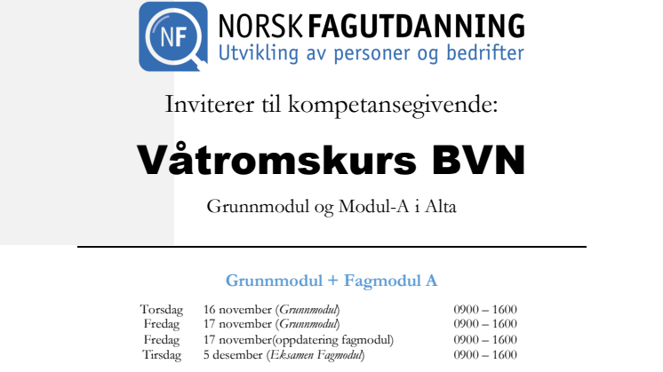 Invitasjon til våtromskurs - grunnmodul og fagmodul A - i Alta med oppstart den 16 november 2017