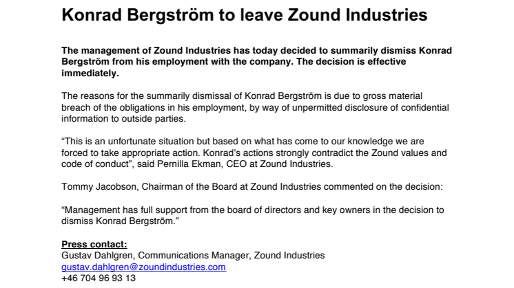 Konrad Bergström to leave Zound Industries