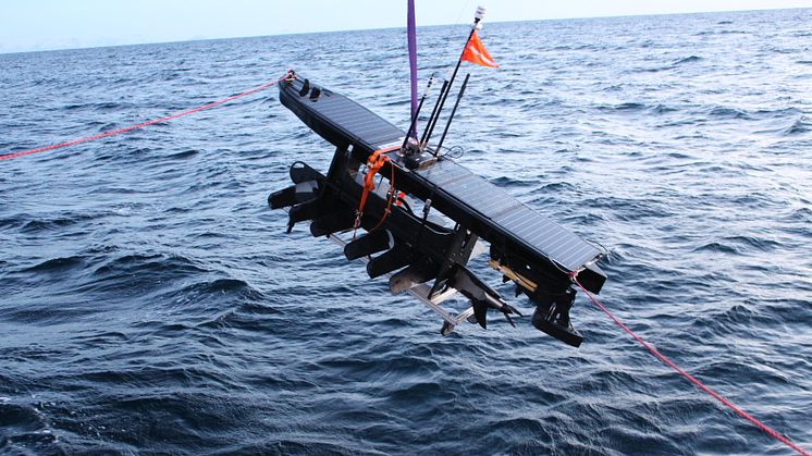 The Wave Glider of Akvaplan-niva that will be fitted with optical sensor for tracking macro plastic in the Barents Sea