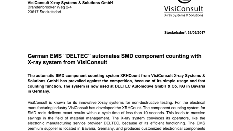 German EMS “DELTEC” automates SMD component counting with X-ray system from VisiConsult