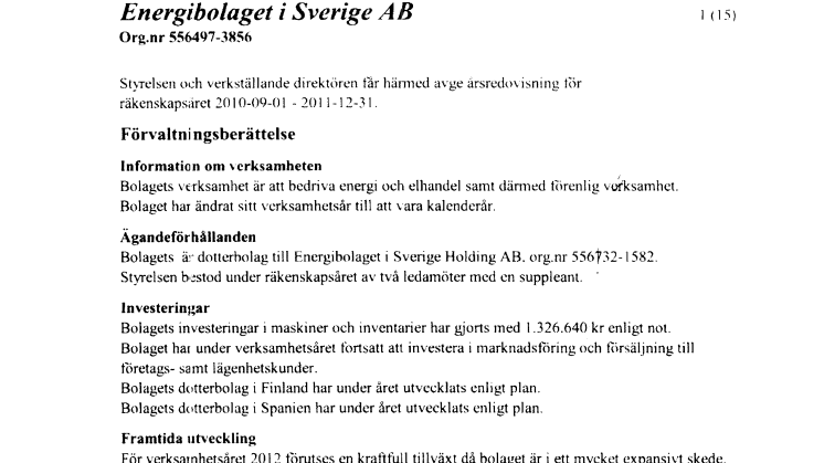 Energibolaget i Sverige AB - Bokslut 2010/2011