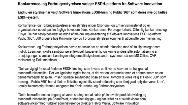 Konkurrence- og Forbrugerstyrelsen vælger ESDH-platform fra Software Innovation