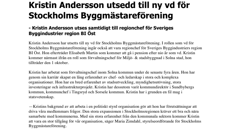 Kristin Andersson utsedd till ny vd för Stockholms Byggmästareförening