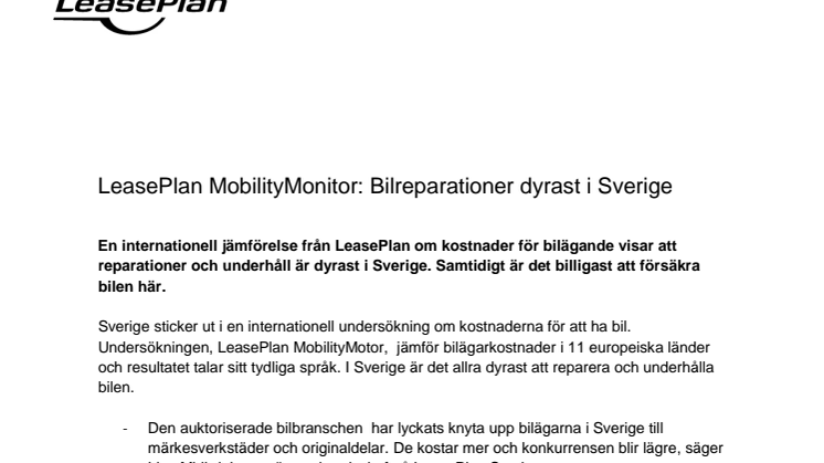 LeasePlan MobilityMonitor: Bilreparationer dyrast i Sverige