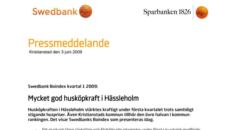 Swedbank Boindex kvartal 1 2009: Mycket god husköpkraft i Hässleholm 
