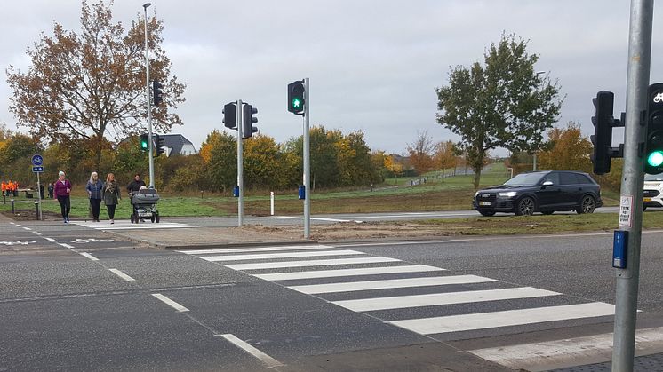 Dagplejer og børn fra Buderupholm var nogle af de første til at krydse Hobrovej i det nye fodgængerfelt