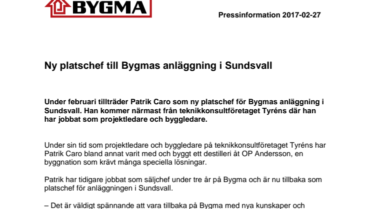 Ny platschef till Bygmas anläggning i Sundsvall