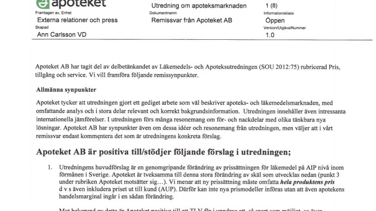 Apotekets remissvar på delbetänkande av Läkemedels- och Apoteksutredningen (SOU 2012:75)