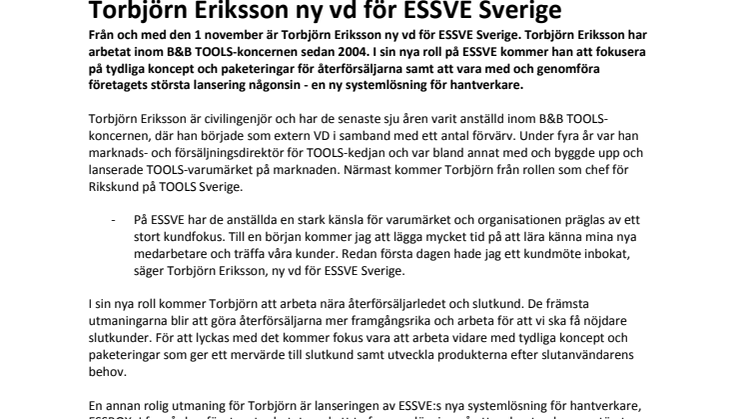 Torbjörn Eriksson ny vd för ESSVE Sverige