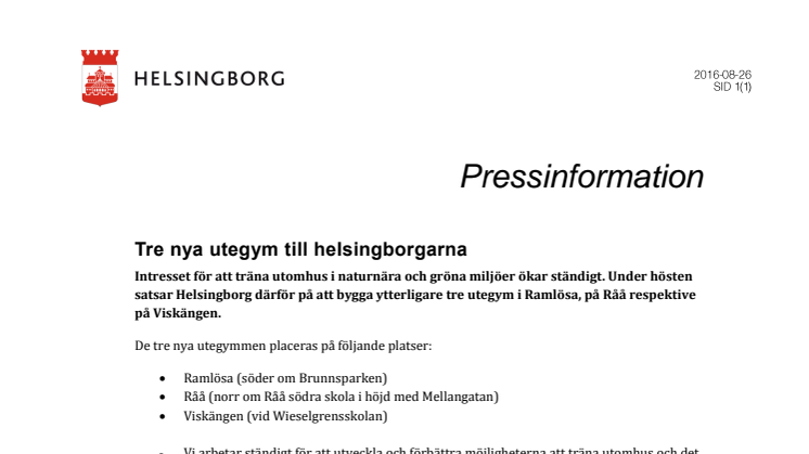 ​Tre nya utegym till helsingborgarna