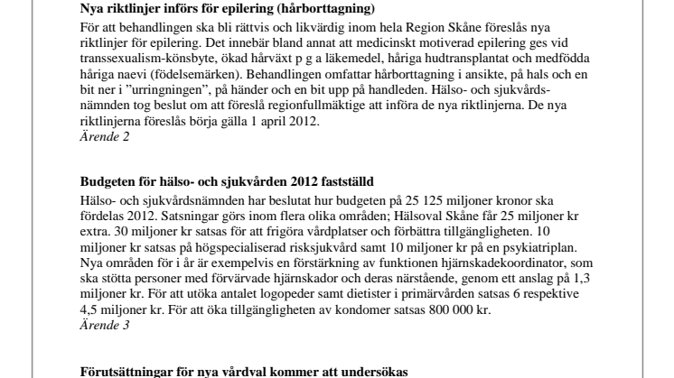 Hälso- och sjukvårdsnämndens pressinfo 23 jan 2012