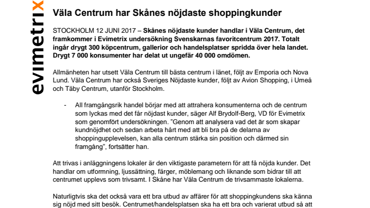 Väla Centrum har Skånes nöjdaste shoppingkunder