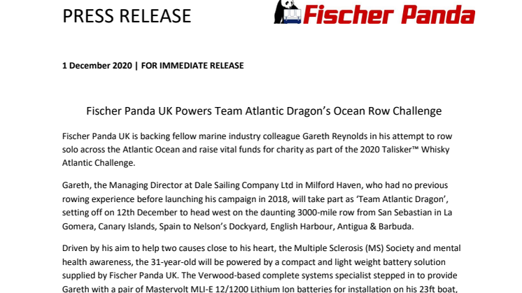 Fischer Panda UK Powers Team Atlantic Dragon’s Ocean Row Challenge
