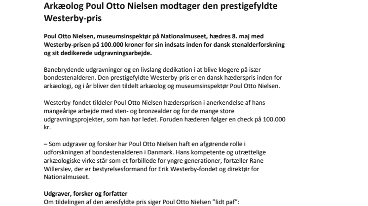 Arkæolog Poul Otto Nielsen modtager den prestigefyldte Westerby-pris