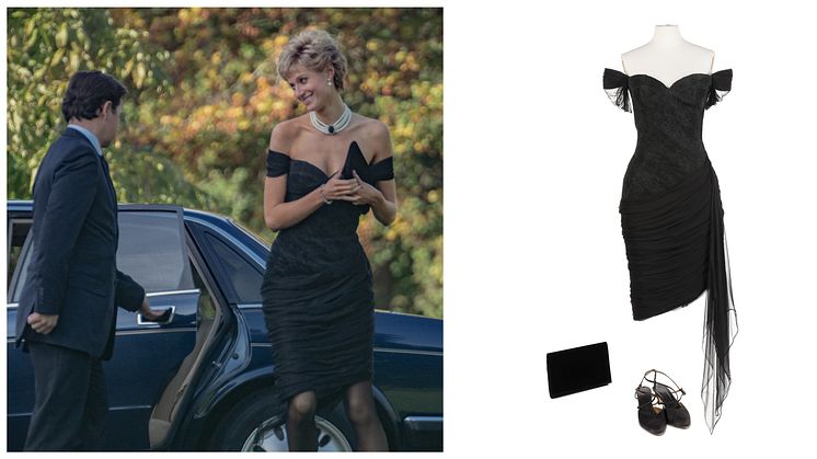Elizabeth Debicki (as Princess Diana)_ The 'Revenge dress’, custom-made black cocktail dress