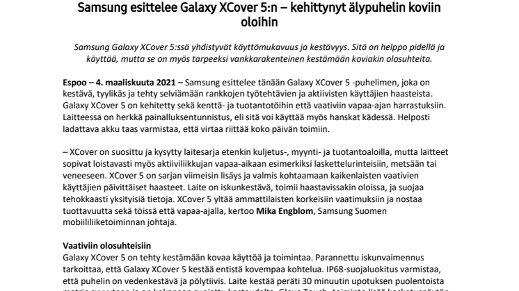 Samsung esittelee Galaxy XCover 5:n – kehittynyt älypuhelin koviin oloihin