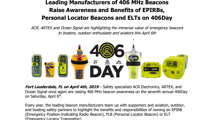 Leading Manufacturers of 406 MHz Beacons Raise Awareness and Benefits of EPIRBs, Personal Locator Beacons and ELTs on 406Day