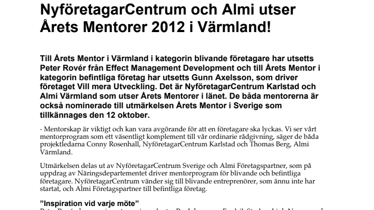 NyföretagarCentrum och Almi utser Årets Mentorer 2012 i Värmland!