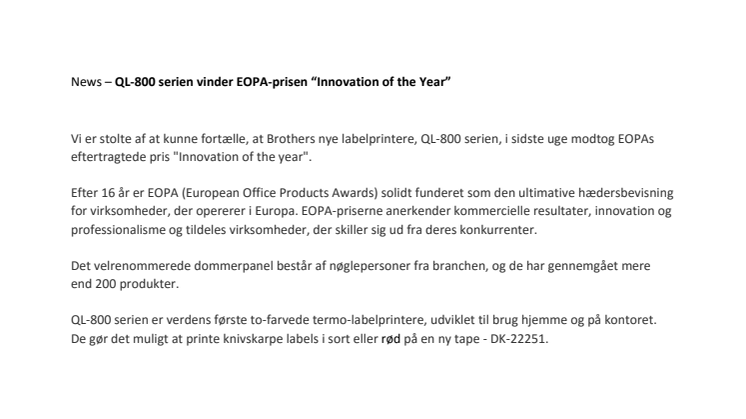 QL-800 serien vinder EOPA-prisen “Innovation of the Year”